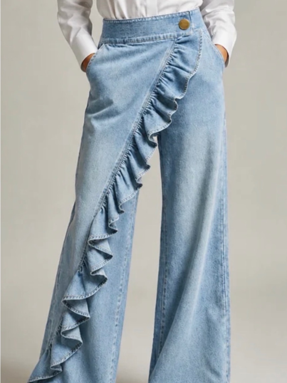 Sonverdano Light Blue Ruffle Wrap Wide-Leg Jeans